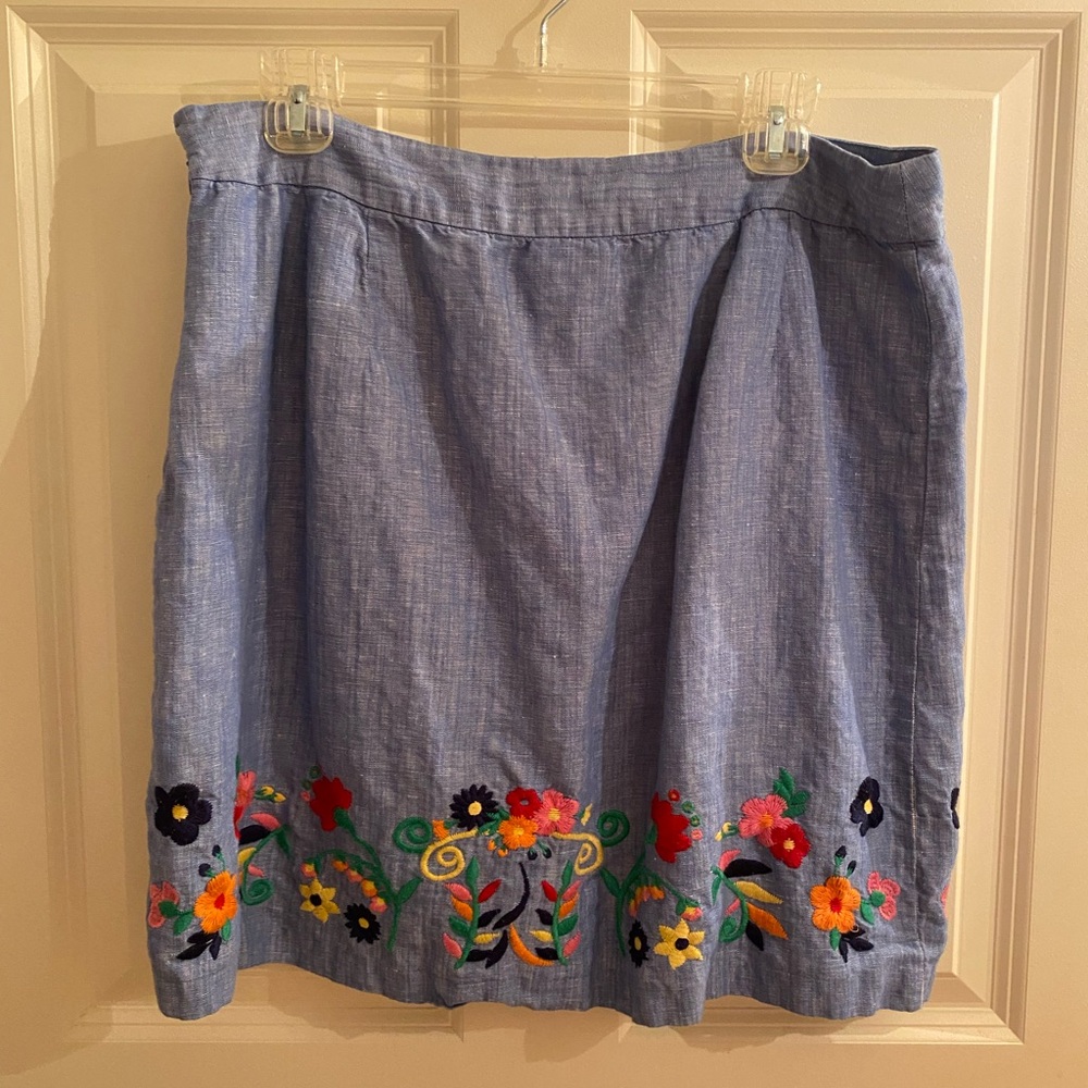 Talbots Light Blue Denim Skirt with Floral Embroidery